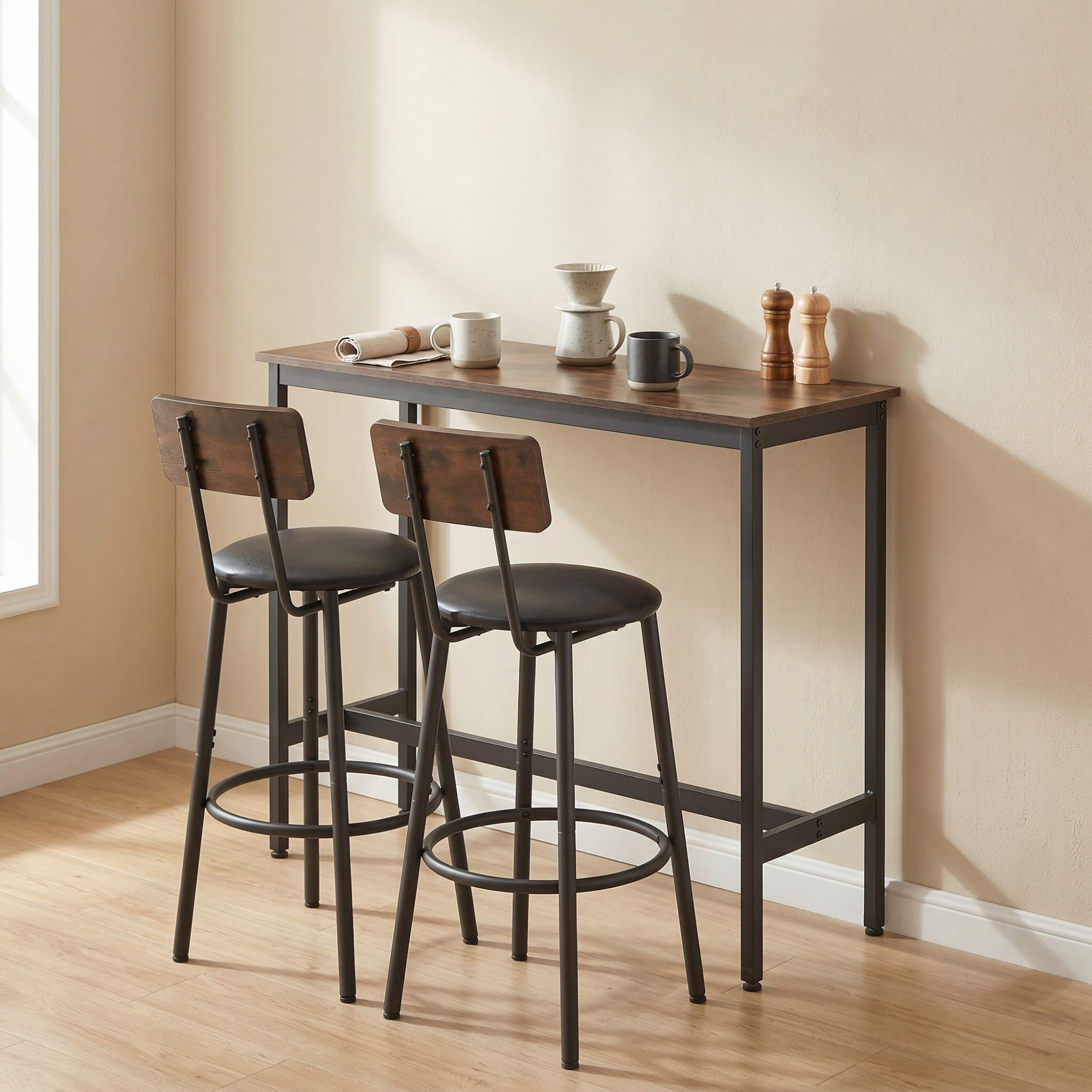 Sailvan Bar Table Set with 2 Bar Stools, PU Soft Seat with Backrest, Rustic Grey