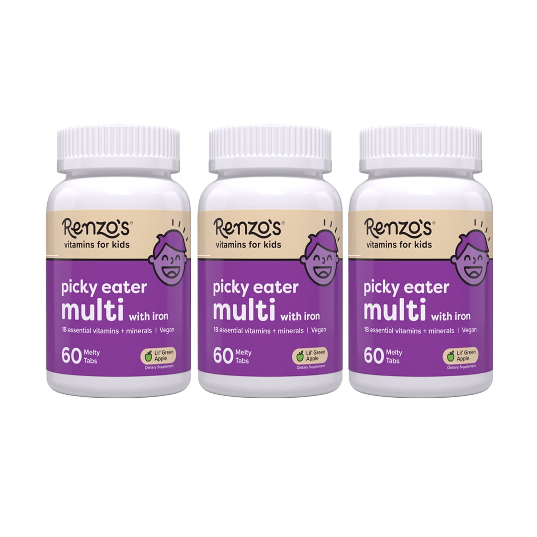 (3 pack) Renzo’s Picky Eater Multivitamin for Kids, Sugar-Free, Vegan Melty Tabs, Immune Support, Apple Flavor, 60 Count