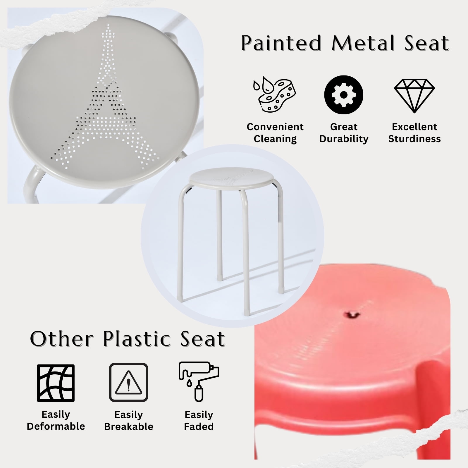 Homy Casa Folding Stackable Chair Set of 4, Metal Stools for Classroom, Kitchen Craft Room, Gray