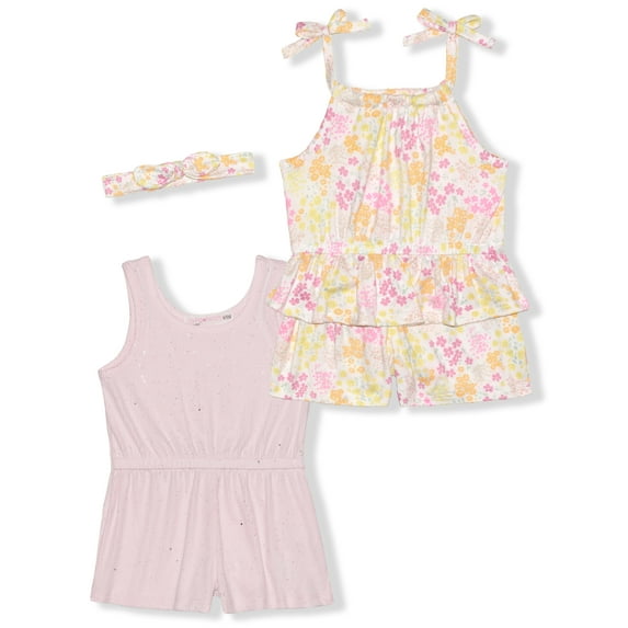 Young Hearts Baby Girl 2 PACK RIB FLORAL ROMPERS W/HEADBAND (Size 3M-9M)