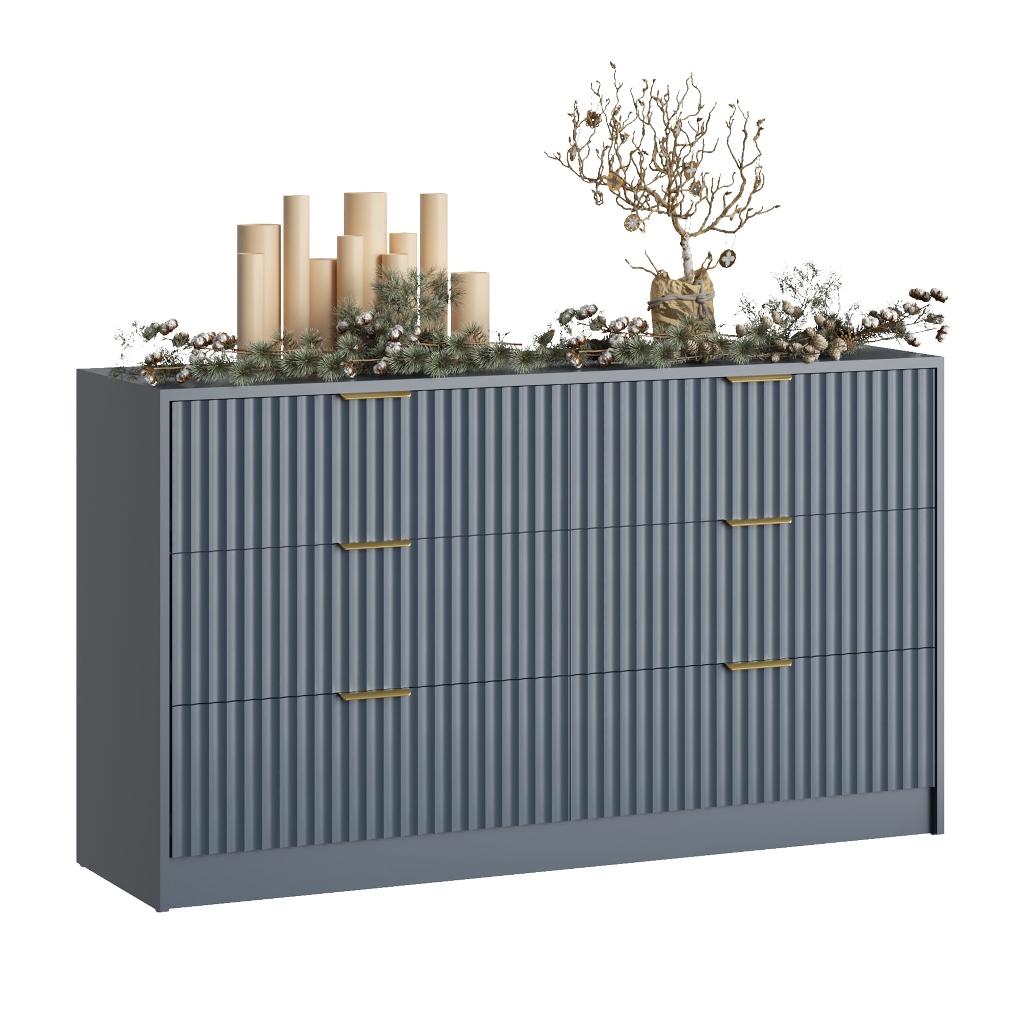 YouTrend 6 Drawer Dresser for Bedroom,55.1"Width Fluted Wood Chest of Drawer with Golden Embedded Handles for Living Room,Blue