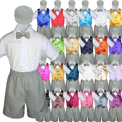

Boys Toddler Formal Vest Shorts Suits Satin Vest Gray Bow Tie Hat 5pc Set S-4T
