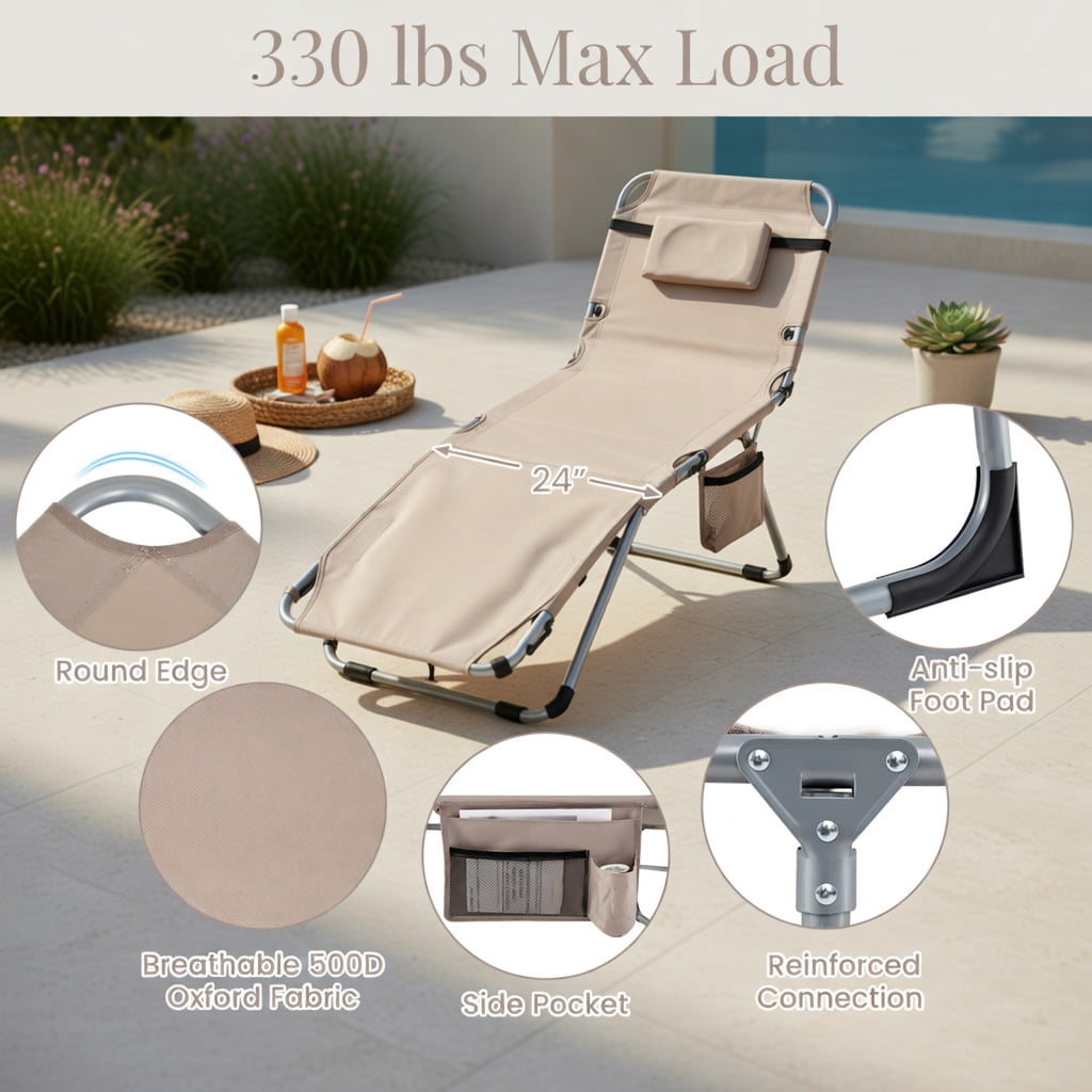 Hommoo 5-Position Adjustable Outdoor Folding Chaise Lounge Chair with Removable Pillow, Blue