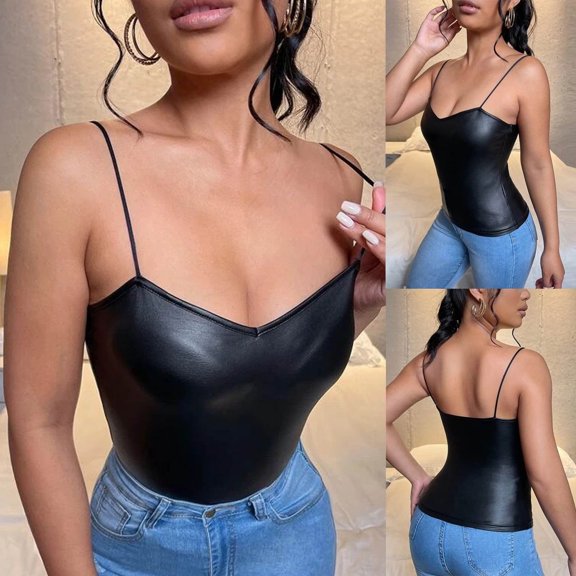 HAPIMO Women's Summer Tank Tops Solid Color Print Tops Sleeveless Shirts for Girls V-Neck Blouse Slim Fit Camis Vest Leather Strap Camisole Discount Black M