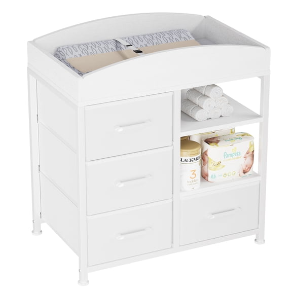 Baby Changing Table with 4 Drawers and 2 Shelves - Baby Dresser with Changing Table Top Diaper Changing Station with Storage for Nursery Modern, White
