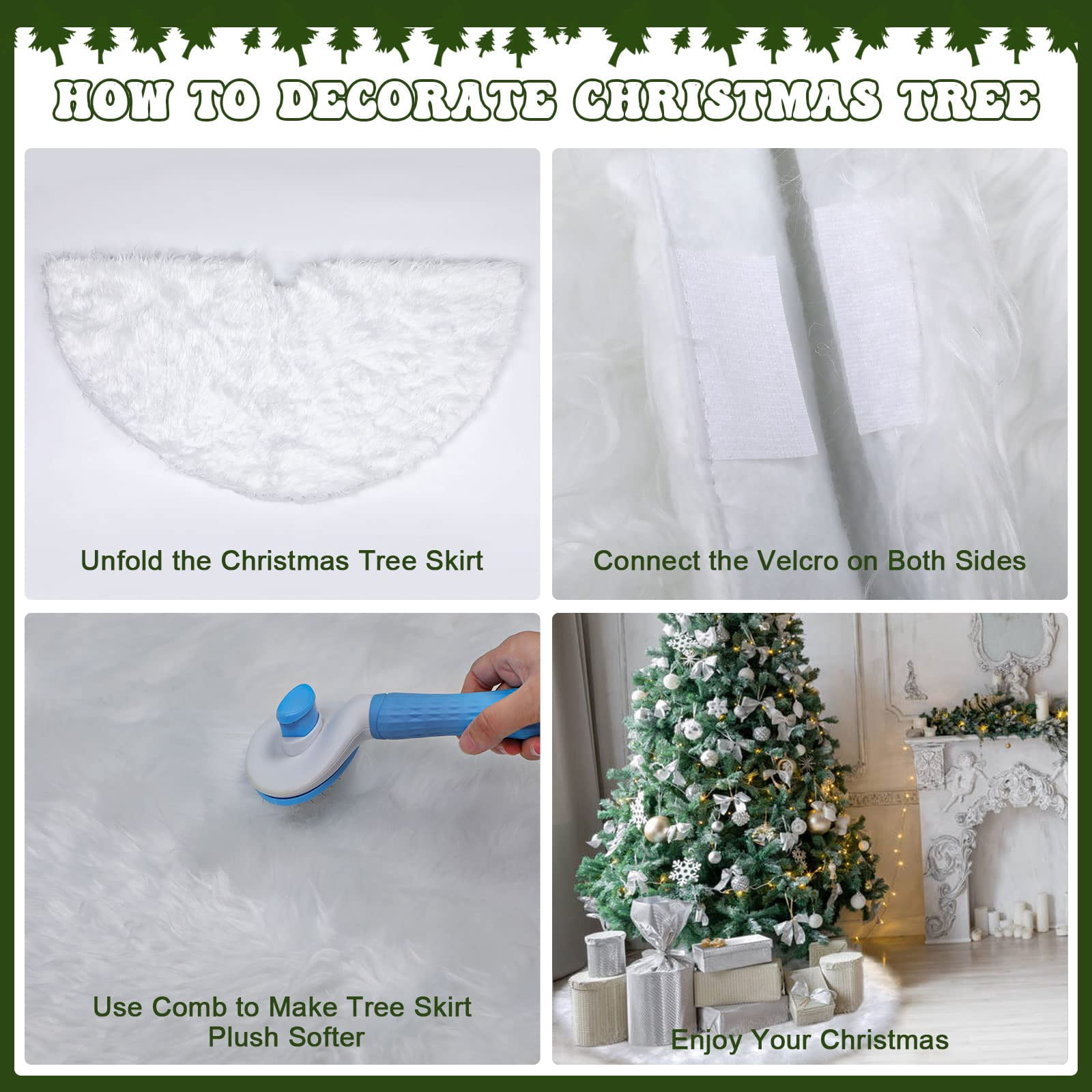 Sanmadrola Christmas Tree Skirt 48 Inch Faux Fur Xmas Plush Tree Skirt Winter Large Christmas Tree Mat Holiday Party Christmas Tree Decorations, Snowy White