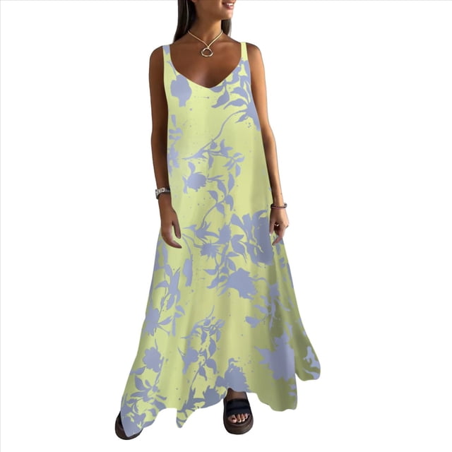 Vestido Bohemio de Verano con Tirantes Finos, Sin Mangas y Cuello en V para Mujer, con Estampado Floral, para Vacaciones, Color Amarillo XL