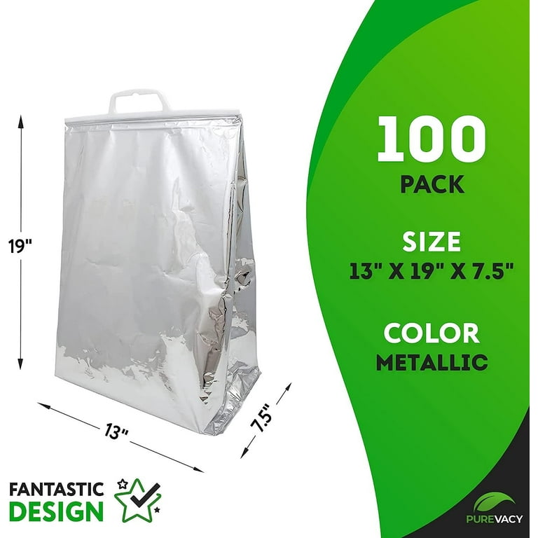 Dropship Pack Of 100 Metallic Reusable Hot Or Cold Insulated Thermal Cooler  Bags 13 X 19 X 7.5 Food; Lunch; Storage Thermal Carry Bags 13x19x7.5  Grocery; Fruit; Meat; Vegetables; Ice-cold Beverages. to