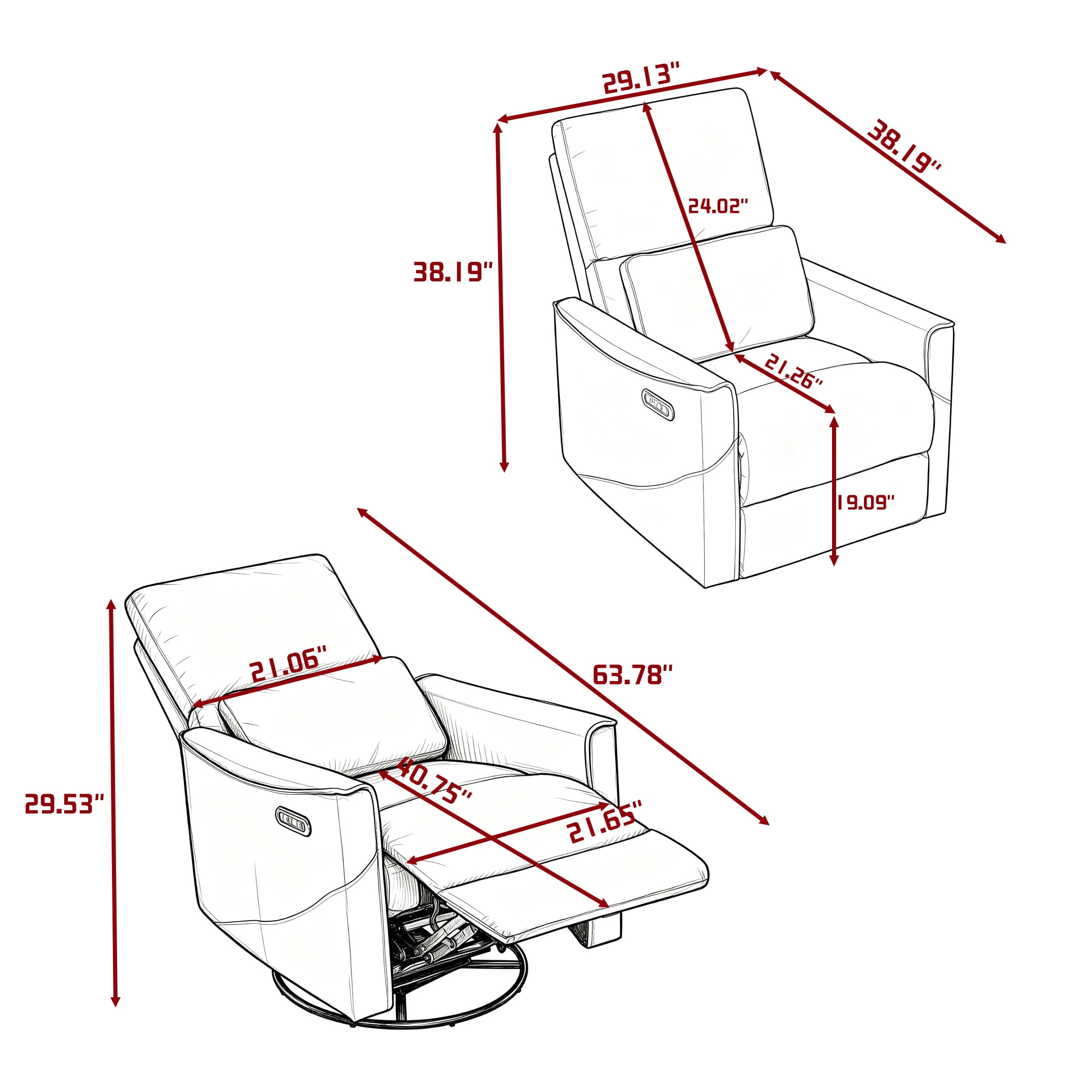 Gewnee 29.13"Power Rocking Recliner Chair,360°Swivel Recliner Chair with USB & Type-C Ports,Adjustable Reclining Positions,PU Swivel Recliner for Living Room,Office,Bedroom.Brown