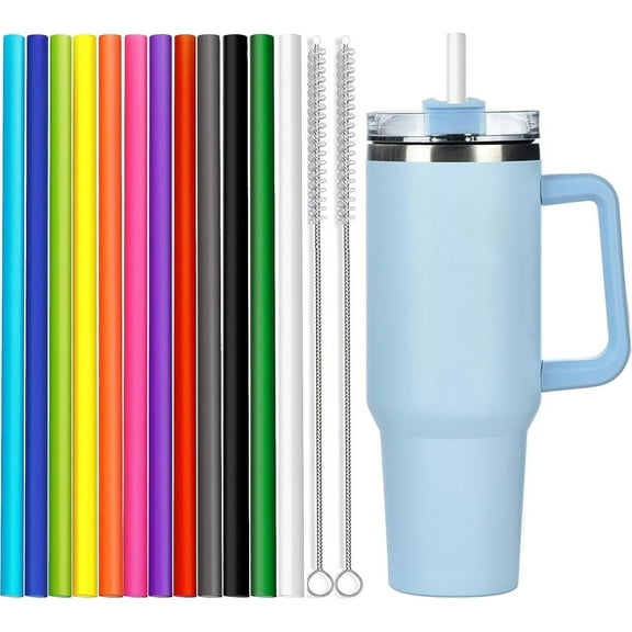 12 Pack 12 in Long Color Reusable Plastic Replacement Straws for 40oz 30oz Tumblers with 2 Brushes