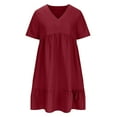 thumbnail image 5 of Moxiu Womens Summer Short Sleeve Dresses V Neck Casual Solid Ruffle Tiered Layered Flowy A-Line Dress 2025 Beach Vacation Plus Wine,XL, 5 of 9