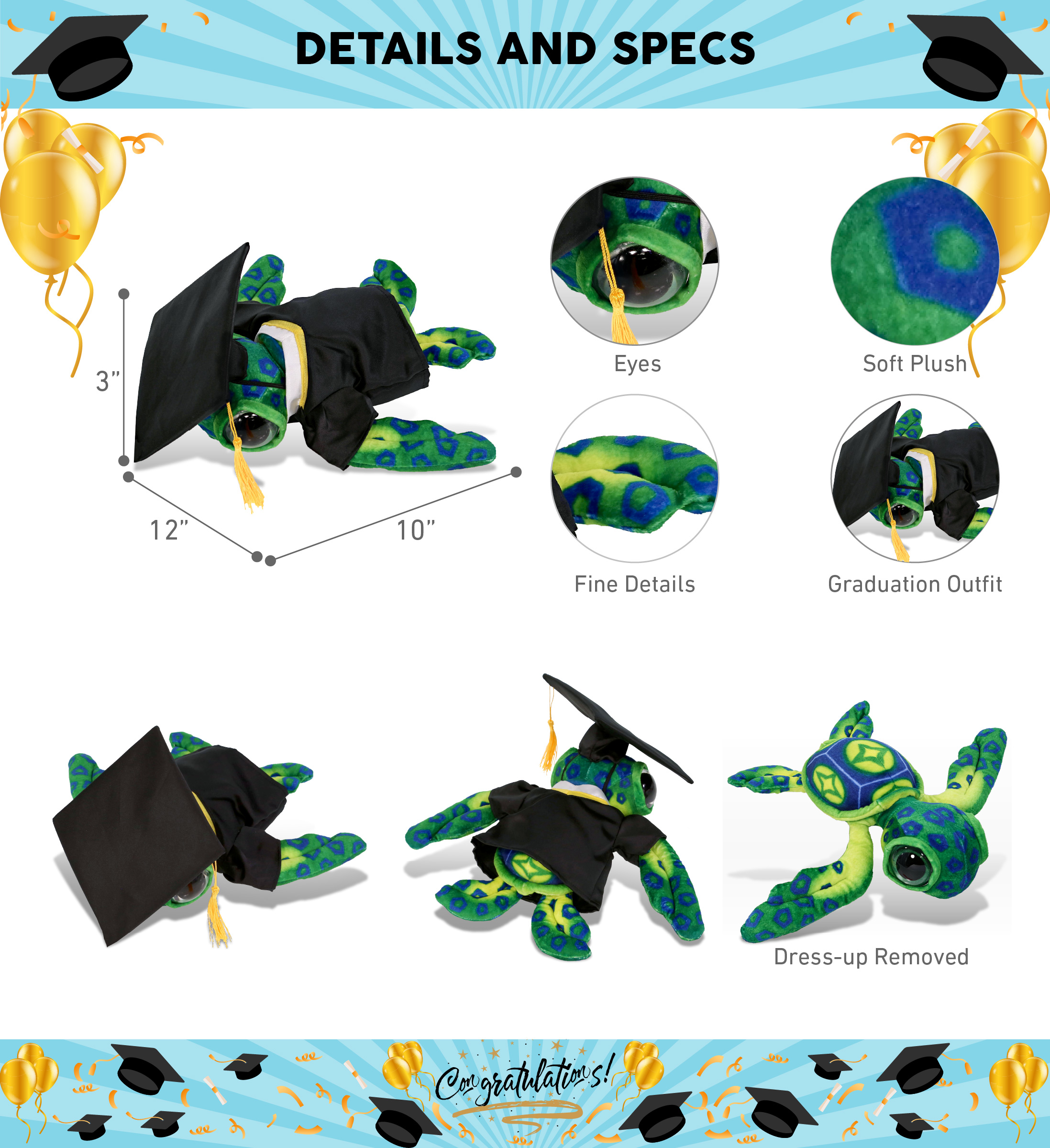 DolliBu Green Sea Turtle Graduation Plush Toy - Super Soft Turtle Plush Graduation Stuffed Animal Dress Up with Graduation Gown and Cap with Tassel Outfit - Congratulatory Graduation Gift - 10 Inches
