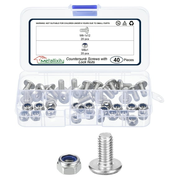 Furniture Connector Bolt Nut(M6-1x12) 40Pcs, Silver Tone, 304 Stainless Steel Hex Socket Countersunk Screws with Lock Nuts - for Furniture Woodworking Project, Silver Tone