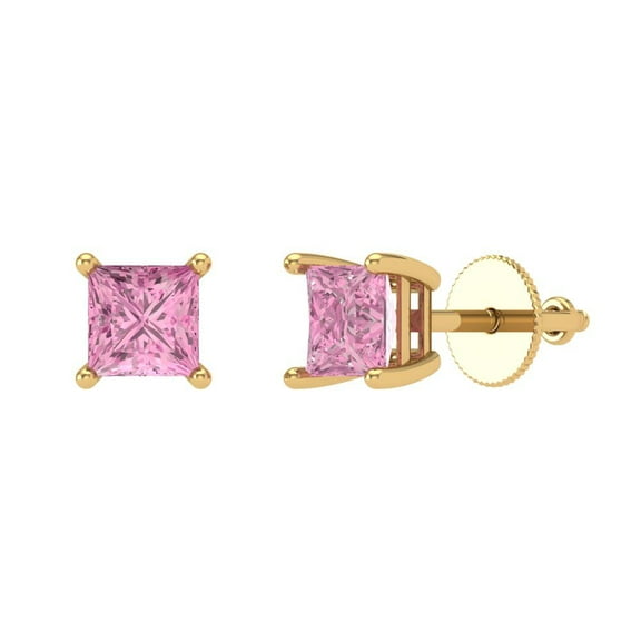 1.5 ct Screw-Back Stud Earrings for Women | 5.0mm Princess Cut Simulated Pink Diamond | 18K Yellow Gold