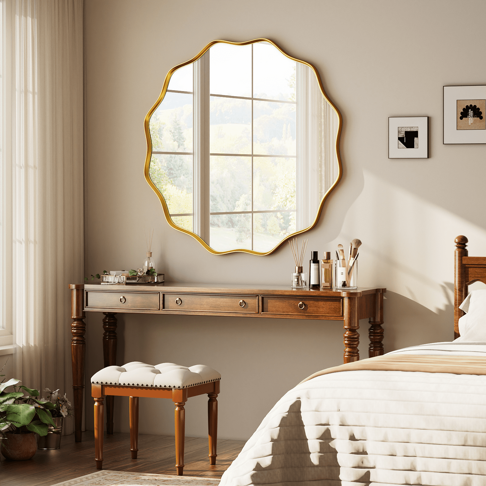 GRAHMCY 30" Wavy Round Bathroom Mirror Decorative Wall Mirror With Deep Frame, Gold