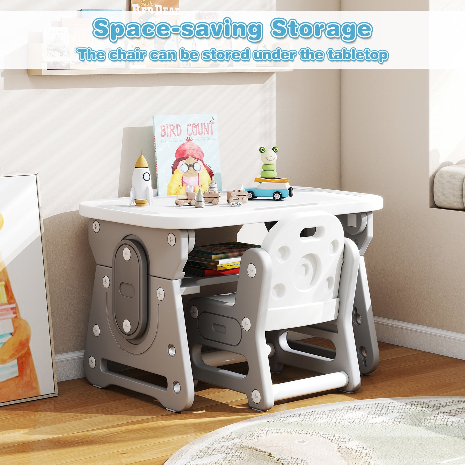 Gymax Kids Table & Chair Set Height Adjustable Toddler Drawing Table w/ Book Stand