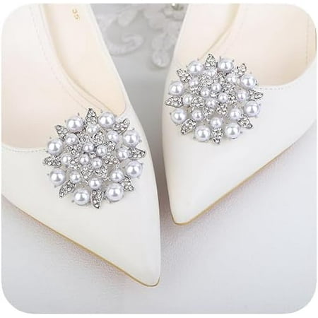NANAHuang 2Pcs Silver Shoe Clip Fashion Decoration Round Pearl Shoe Buckle for Wedding Party Rhinestone Shoe Clips Shoe Jewelry Accessories Charm for Women