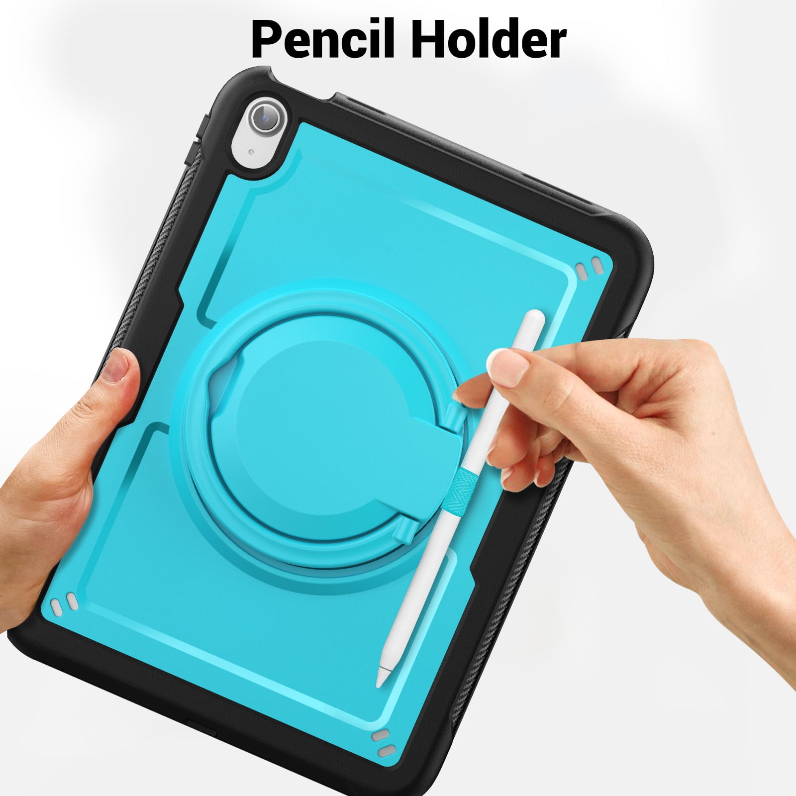 Shockproof Case for Apple iPad 11th 10th Generation 2025 2022, Rugged Hybrid Protective Cover with Pencil Holder & Shoulder Strap Kids Friendly Rotating Stand Case for iPad 11th 10th Gen, Lightblue