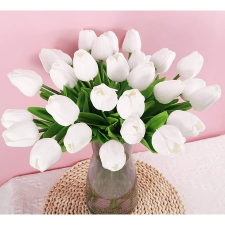 Scidweet 20Pcs Fake Tulips Faux Tulip Real Touch Vase Artificial Flowers for Home Decoration Floral Arrangement White