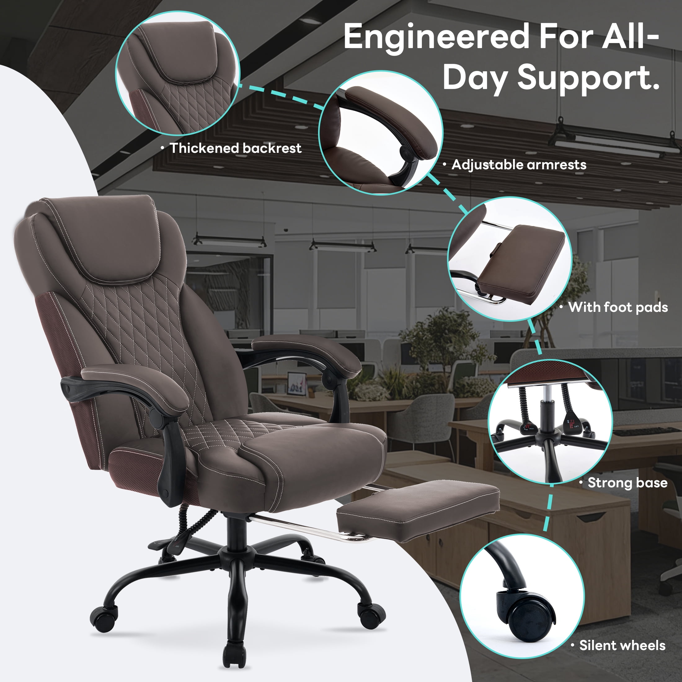 TMV Office Chair,Ergonomic Big and Tall Office Chair with Foot Rest,Executive Chair for Home Desk, Reclining High Back Leather Chairs with Lumbar Support,Brown