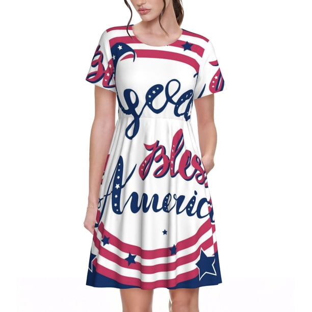 Balery God Bless America Patriotic Star Vestidos sueltos de manga corta para mujer, vestidos de verano 2025, vestidos casuales de corte A con vuelo.