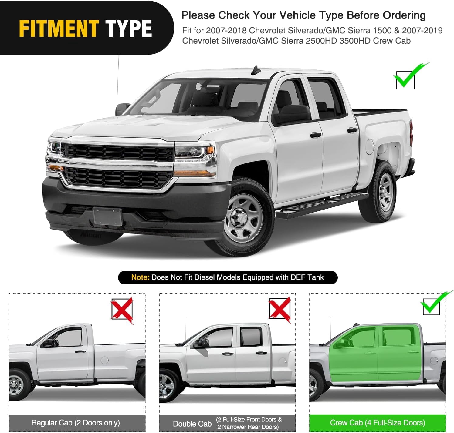 Nilight Running Boards for 2007-2018 Chevy Silverado/GMC Sierra 1500 Crew Cab 2007-2019 Chevy Silverado/GMC Sierra 2500HD 3500HD 6inch Slip-Proof Aluminum Side Step Nerf Bars,Black