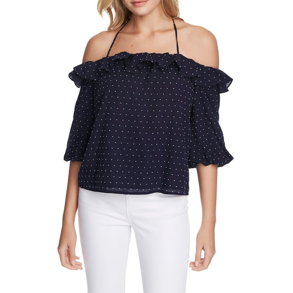 MSRP $89 Women's 1.state Ruffle Halter Neck Clip Dot Top Blue Size XS