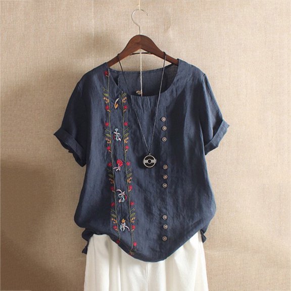 Ayolanni Short Sleeve Womens Blouses Scoop Neck Floral Casual Embroidered Blouse Comfortable Cotton Linen Shirts Women's Tops, Tees & Blouses Blue L