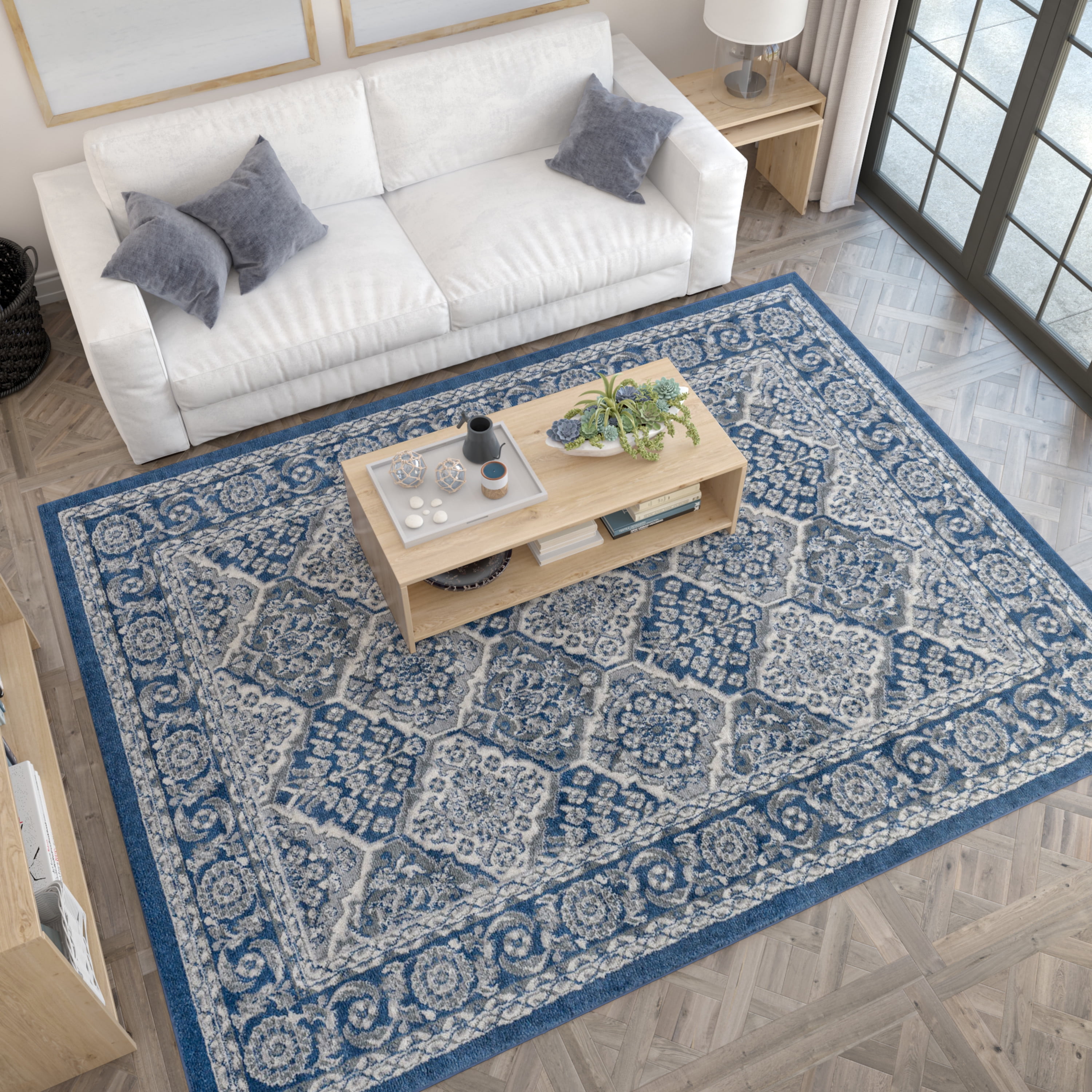 Hampton Traditional 4' x 5' Navy and Cream Polypropylene Indoor Area Rug