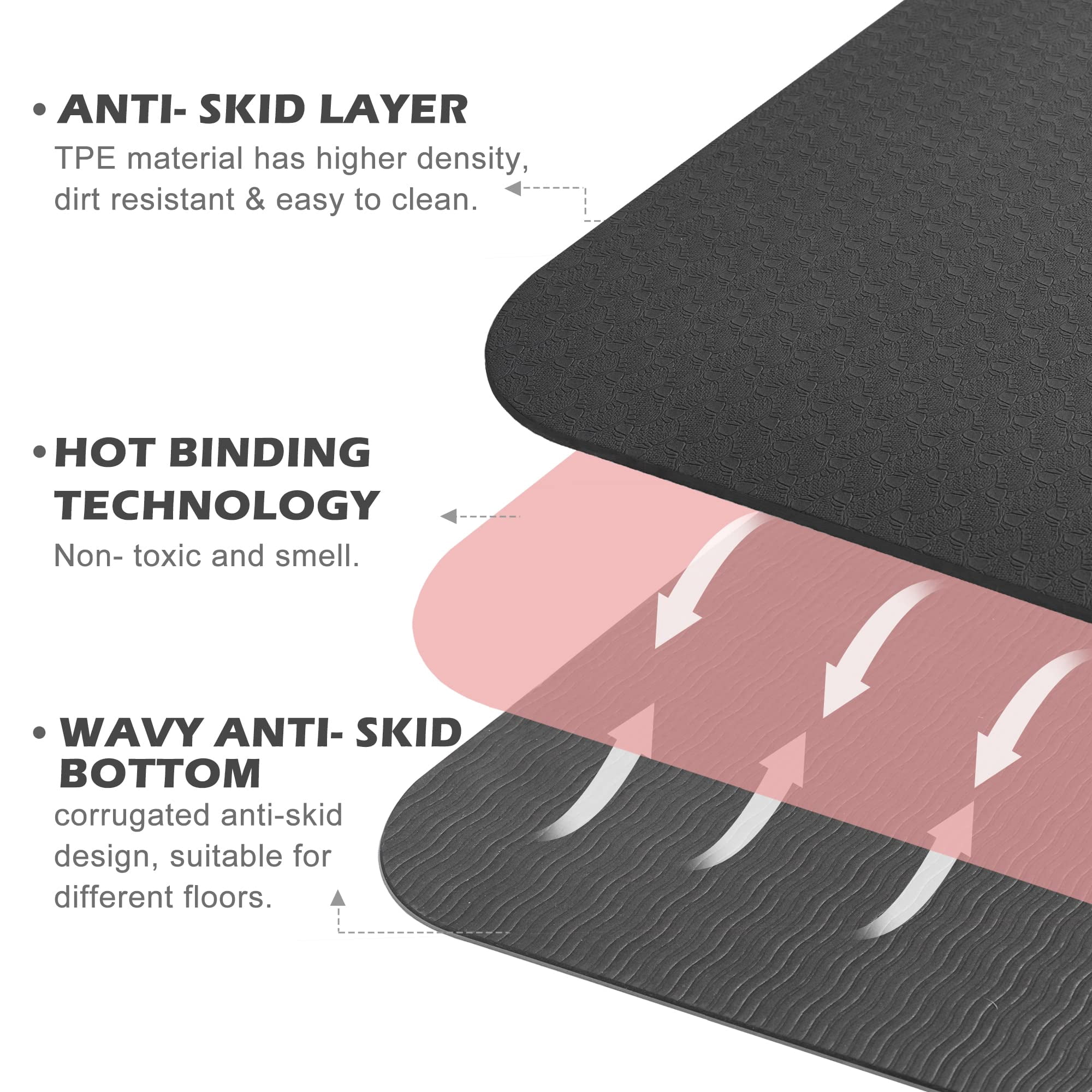 Yoga Mat Black 72"x24" Non-Slip Pilates Fitness Exercise Mat