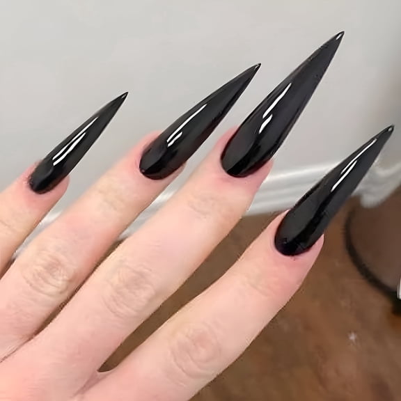 RAGUPEL 24pcs Extra Long Stiletto Fake Nails, Pure Black Almond Press On Nails, Solid Color Full Cover False Nails For Women Girls