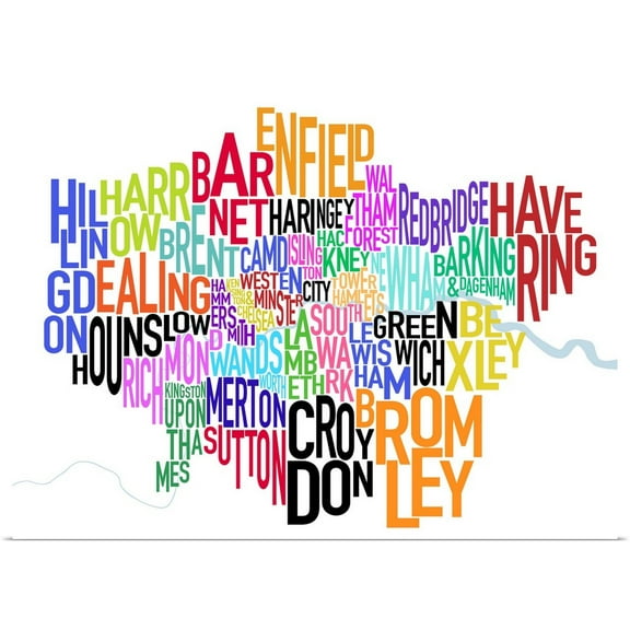 Great BIG Canvas | Rolled Michael Tompsett Poster Print entitled Colored text map of London showing borough names