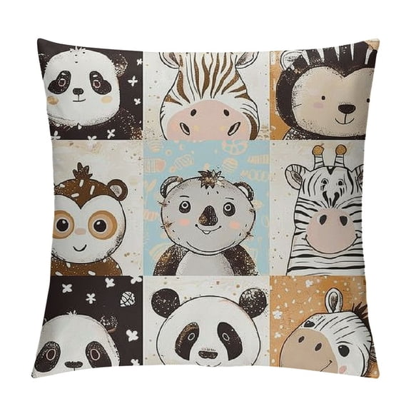 Qinduosi Cute Monkey Pillow Case Cover,Cartoon Tiger Panda and Hippo Giraffe Soft Square Pillow Cover,Africa Wild Animals Decorative Throw Couch Sofa Pillow Cover,Double Sides Print White