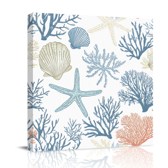 Canvas Wall Art, Coral Coastal Framed Canvas Prints for Bathroom Desk, Summer Beach Starfish Nautical Shell Small Gallery Wrapped Wall Decor for Home Office, Gifts, 8"x8" Ship Next Day