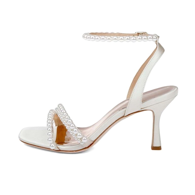 Women's Pearl Wedding Heels - Open Toe Bridal Sandals, Strappy Ankle Strap, 3.5 Inch Heels, Ivory/White 3 thumbnail image