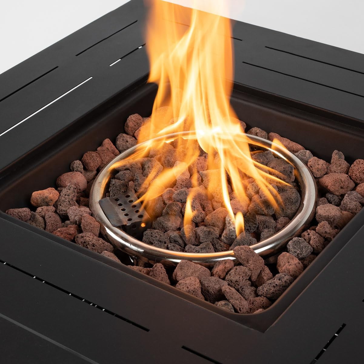 AJ Enjoy 28'' Propane Fire Pit Table, 50,000 BTU Fire Table with Brown Wicker, Laval Rocks, Inclined Leg Design.