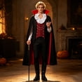 thumbnail image 2 of Adult Gothic Vampire Themed 3-Piece Outfit Set, Ruffled Collar Vest Top, Long Stand Collar Cape & Cane Prop for Halloween Party & Stage Performance Dress Up, 2 of 8