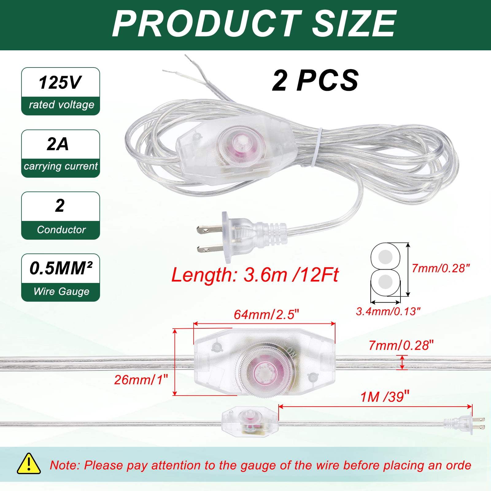 Uxcell 12 Feet 2 Set UL List Lamp Power Cord with Full Range Rotary Lamp, Clear