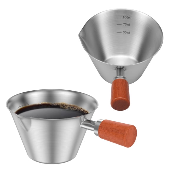 2 Pcs 100ml/3.4oz Espresso Measuring Cup 304 Stainless Steel Espresso Shot Cup with Wood Handle and V Shape Pour Mouth for Beverage Dessert Cocktail Sauce
