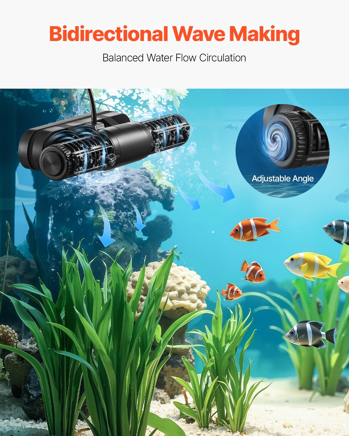 VEVOR Aquarium Wave Maker, 25W, 2380 GPH Adjustable Cross Flow Pump with Controller, Magnetic DC 24V Aquarium Powerhead,Strong Magnetic Base,360° Rotating Wavemaker,for Saltwater Marine Freshwater