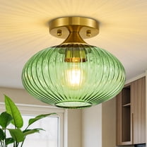 Deyidn 9.45 Inch Modern Ceiling Light with Green Striped Glass Shade - Gold Finish Semi-Flush Mount for Kitchen, Hallway, Bedroom Lighting
