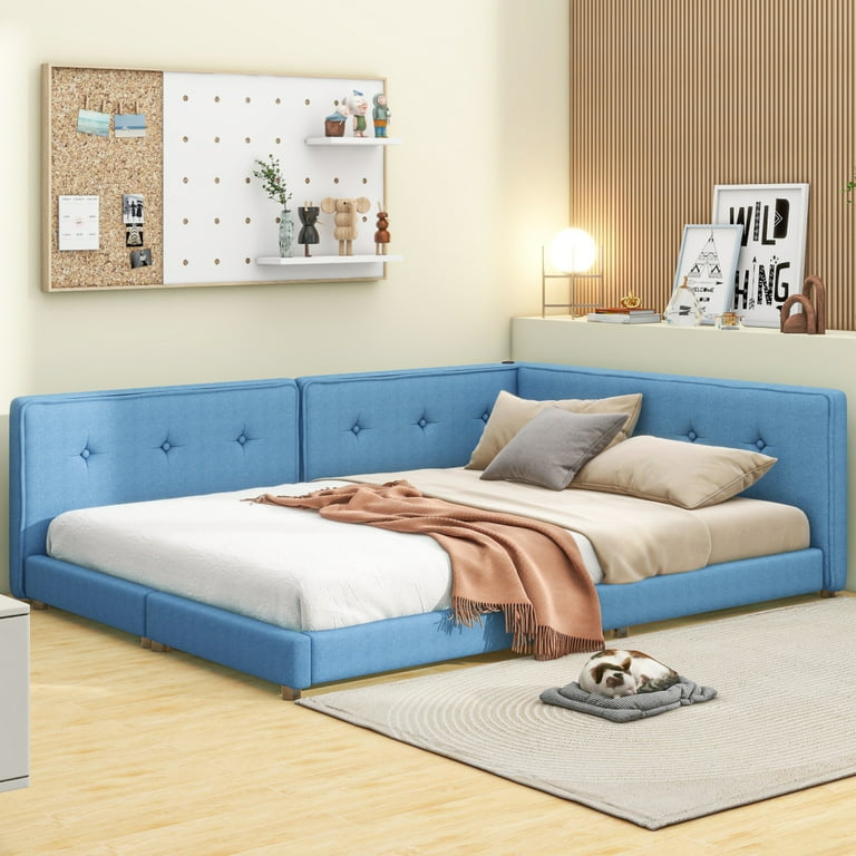 Upholstered Daybed with USB Port Linen Fabric Platform Bed w Wood Slat Support No Box Spring Needed Easy Assembly Blue Full