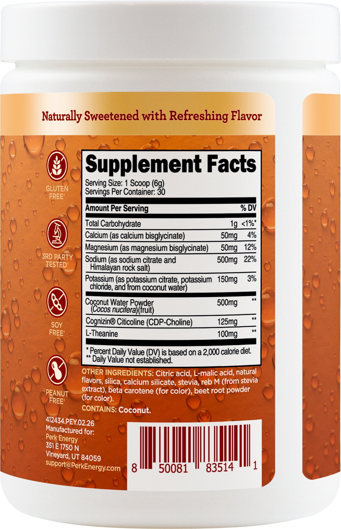 Perk Hydrate Electrolyte Drink Mix Powder Peach Mango Flavored (30 Servings) - Coconut Water, CDP-Choline, L-Theanine, Gluten-Free