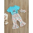 thumbnail image 3 of Genuiskids Toddler Girls Summer Easter Three Pieces Clothes Outfit Shorts Sleeve Printed Tops Floral Print Flare Pants Headband, 3 of 9