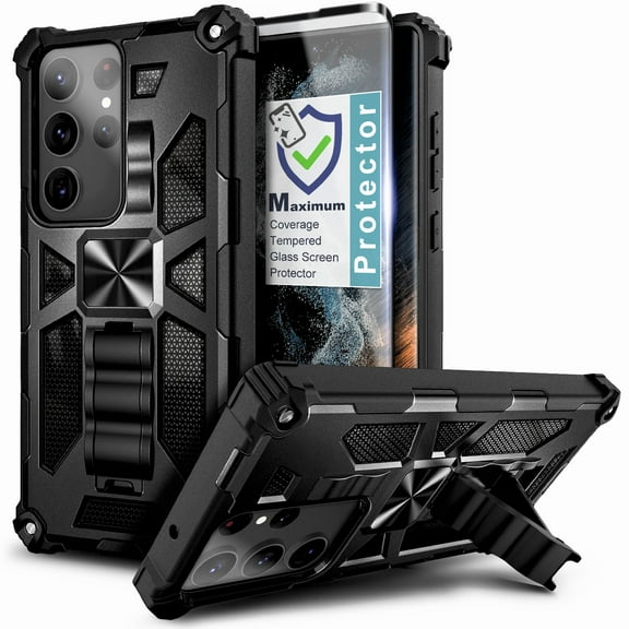 Nagebee Phone Case Compatible for Samsung Galaxy S23 / S23 Plus / S23 Ultra with Screen Protector, Full-Body Protective Shockproof [Military-Grade] Built in Kickstand Heavy-Duty (Black)