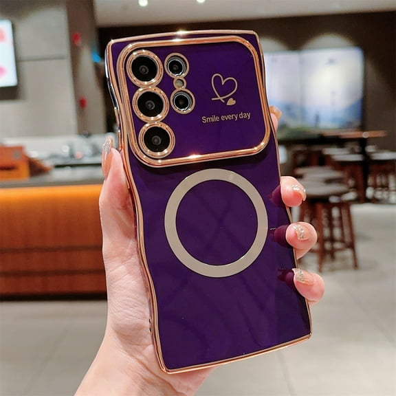 Allytechgroup Plating Frame Case for Samsung Galaxy S25 Ultra, Curly Wave Frame Support Wireless Charging Shockproof Magnetic Back Cover for Samsung Galaxy S25 Ultra Women Girls, Darkpurple