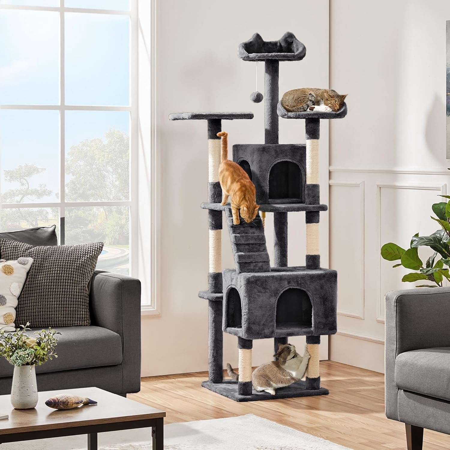ZYPPP XL Cat Tree, 72in Multi-Level Cat Tower with 2 Cozy Caves, 3 Soft Perches, Scratching Posts, Board, and Dangling Ball, Pet Furniture Play House for Kittens/Cats, Dark Gray