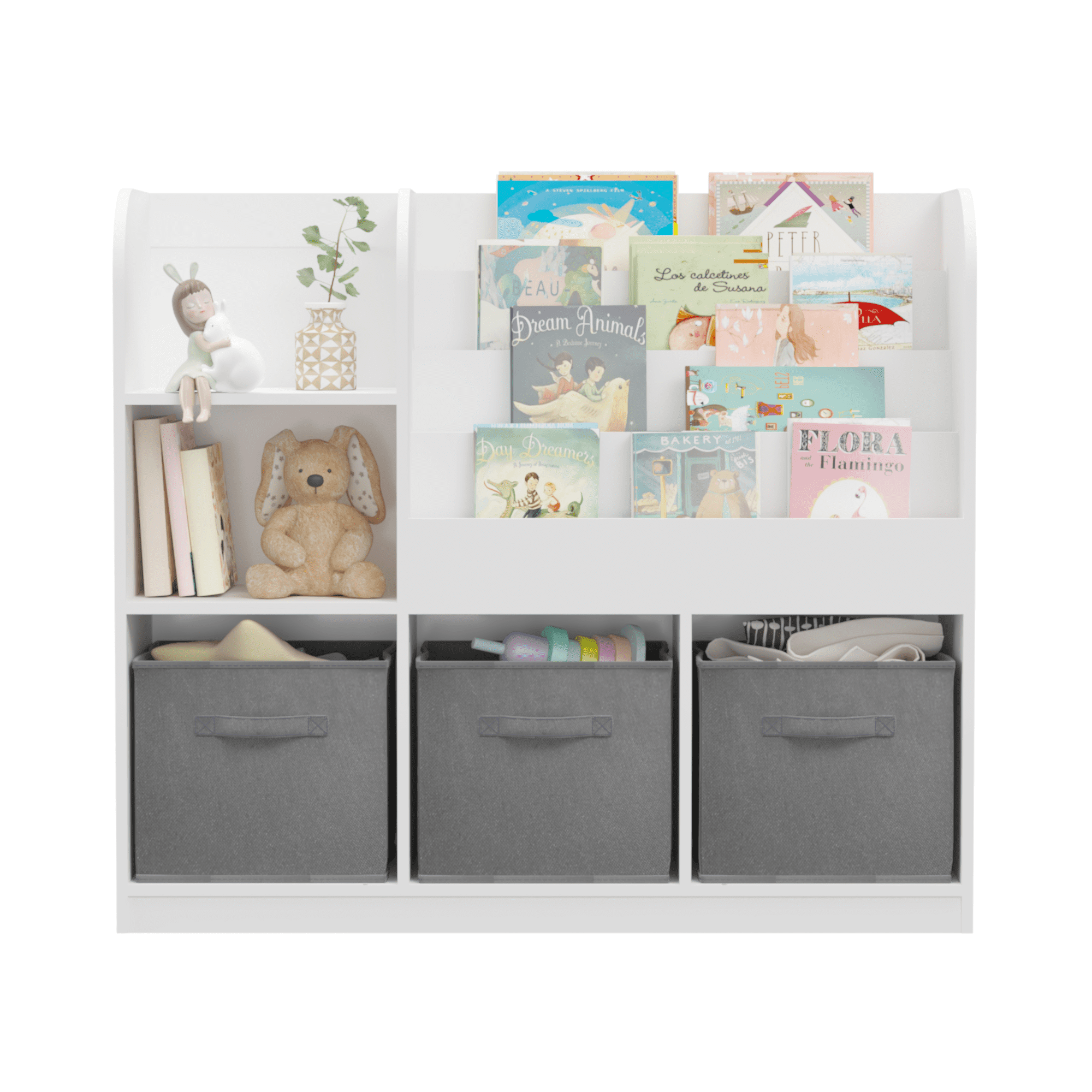 Gewnee Wooden Kids Bookshelf Toy Organizer Storage Bookcase with 3 Drawers,White for Child