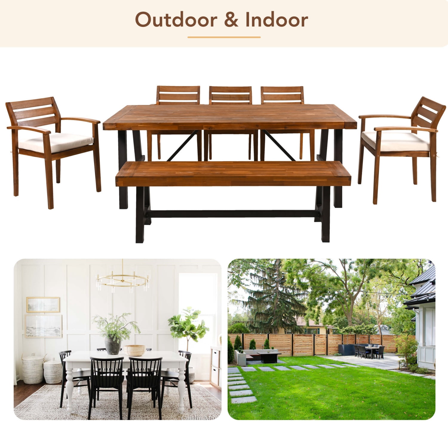 HighSound 7 Piece Outdoor Wood Dining Set, Patio Dining Table with Bench & Chairs for 7-8 Persons, Garden Club Dining Set for Backyard, Natural