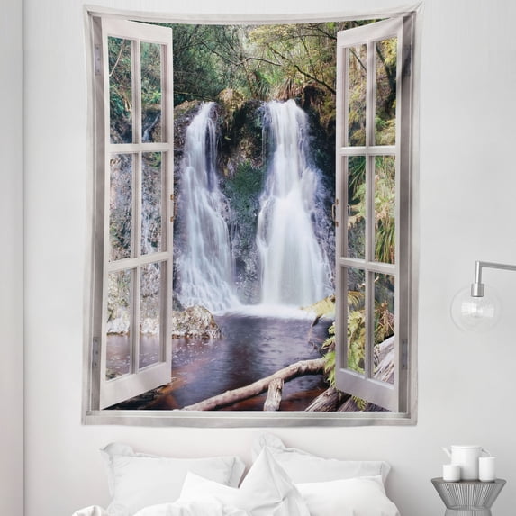 Waterfall Tapestry, Little Waterfall Nestled in the National Park Panoramic Fresh Environment River, Fabric Wall Hanging Decor for Bedroom Living Room Dorm, 5 Sizes, Brown Green, by Ambesonne